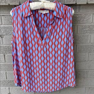LOFT Vibrant Orange-Red and Blue Wave Pattern Blouse- size M